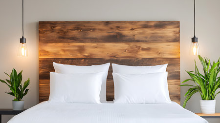 White comfortable pillow on bed decoration in bedroom interior with wooden wall. 3d renderの写真素材