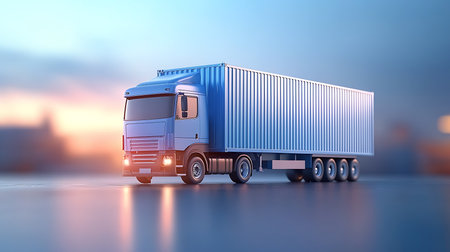 3d rendering of a blue truck with a container on the roadの写真素材