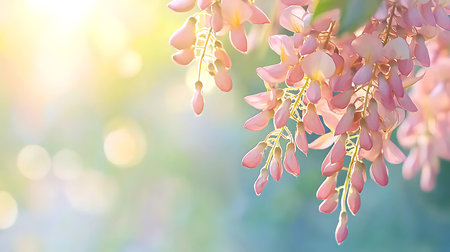 Pink wisteria flowers on blurred background with bokeh effect.の写真素材