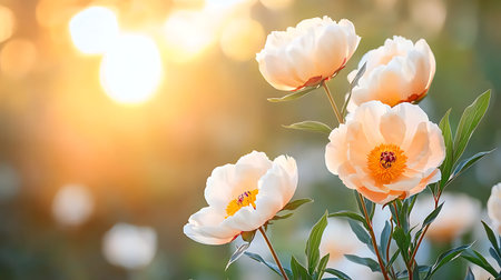 White peony flowers on a background of green grass in the sunlightの写真素材