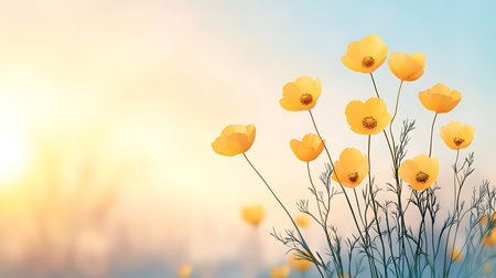 Yellow poppies on the meadow. Spring or summer backgroundの写真素材