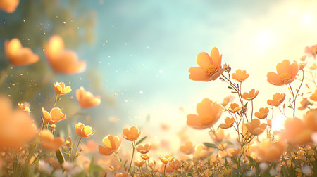 Spring meadow with blooming poppies. 3d render