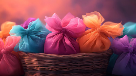 colorful gift bags in a wicker basket on a dark backgroundの写真素材
