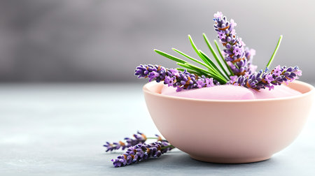 Bowl with lavender ice cream and fresh flowers on light backgroundの写真素材