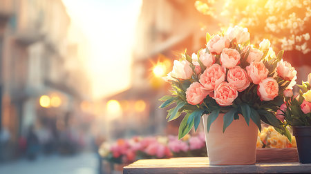 Beautiful bouquet of flowers in a vase on the streetの写真素材