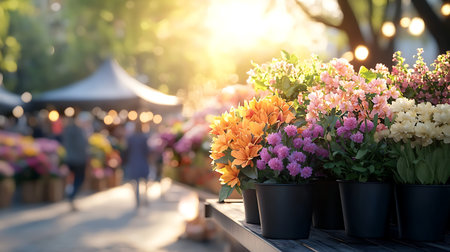 Flower shop in the park with bokeh background, stock photoの写真素材