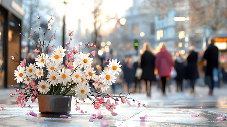 Bouquet of daisies in a vase on the streetの写真素材