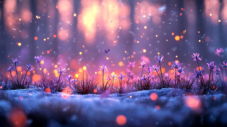 Beautiful snowdrop flowers in winter forest at sunset. 3D rendering