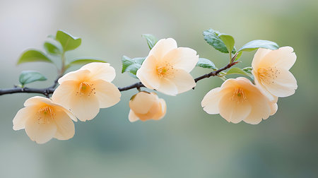 Branch of Japanese quince with flowers on a blurred background.