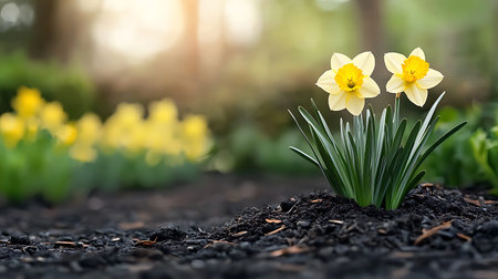 Yellow daffodils growing in the garden. Springtime concept.