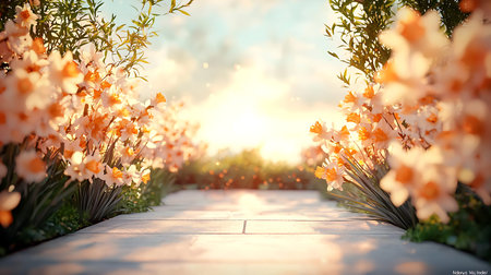 Daffodils in the garden at sunset. 3d rendering
