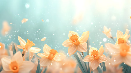 Spring narcissus flowers background with bokeh effect. 3d render