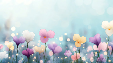 Spring flowers background with bokeh defocused lights. Vector illustration.