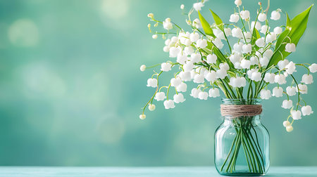 Lily of the valley in a glass vase on a blue background