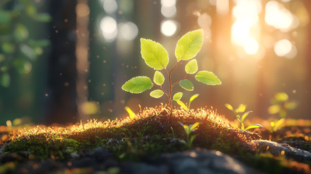 Green sprout growing on moss in forest at sunrise. Ecology concept