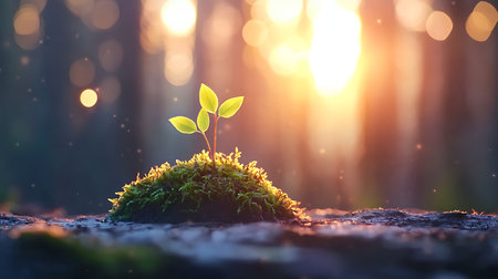 Green sprout growing on moss in forest at sunset. Ecology conceptの写真素材