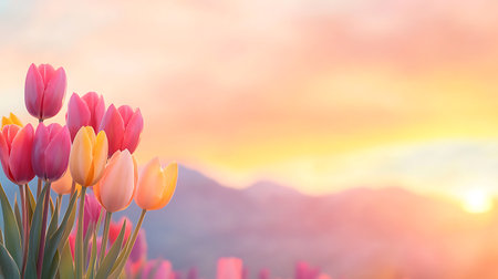 Tulip flowers blooming in the garden with sunset sky backgroundの写真素材
