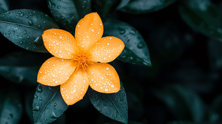 Yellow flower with water drops on green leaves background. Copy space.