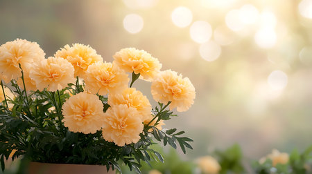 Beautiful marigold flowers in vase on bokeh backgroundの写真素材