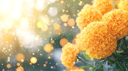 Yellow marigold flowers on bokeh background with sun lightの写真素材