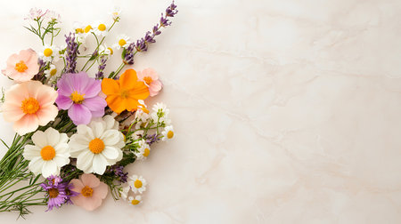 Bouquet of spring flowers on a marble background with copy spaceの写真素材