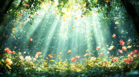 Beautiful forest with sunbeams and flowers. Nature background.の写真素材