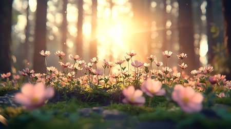 Beautiful spring flowers in the forest at sunrise. Nature background.の写真素材