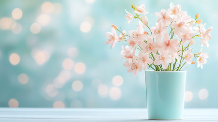 Bouquet of pink flowers in vase on blue bokeh backgroundの写真素材