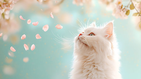 Cute cat and cherry blossom petals on color background, closeupの写真素材