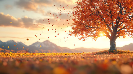Autumn landscape with lonely tree on meadow. Beautiful nature scene.