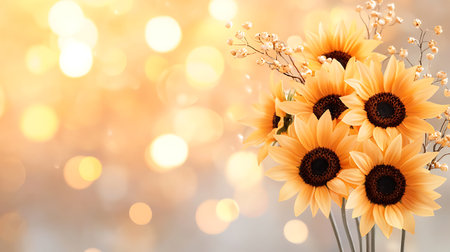 Bouquet of beautiful sunflowers on bokeh backgroundの写真素材