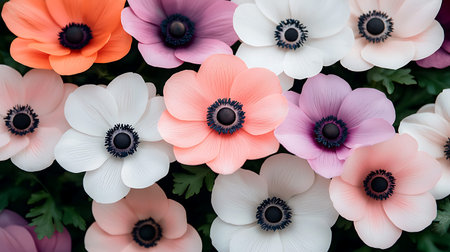 Colorful anemones flowers background, top view, flat layの写真素材