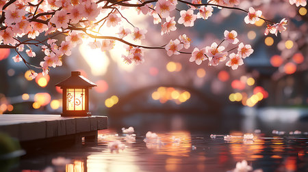 cherry blossoms and lanterns on the background of the riverの写真素材