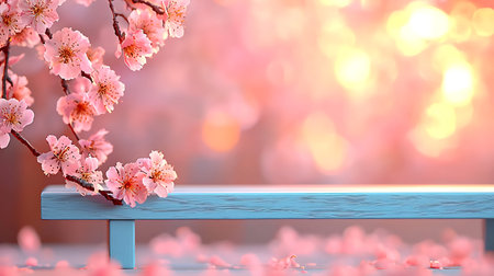 Wooden bench with pink sakura blossom. 3d rendering