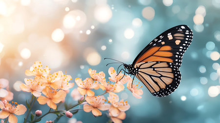 Butterfly and flowers on bokeh background, nature backgroundの写真素材