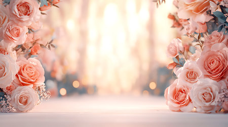 Wedding background with flowers. Wedding arch decorated with flowers and ribbonsの写真素材