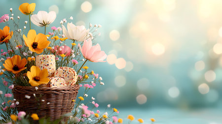 Easter eggs with spring flowers in basket on bokeh background