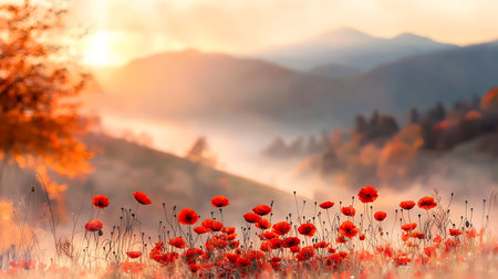 Meadow with red poppies in the mountains at sunsetの写真素材