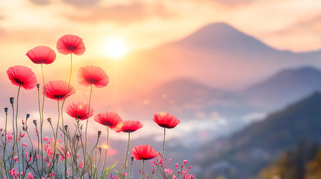 Red poppies on the background of the mountains at sunset.の写真素材