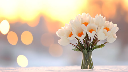 Bouquet of white crocus flowers on bokeh background