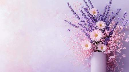 Bouquet of lavender flowers in vase on light backgroundの写真素材
