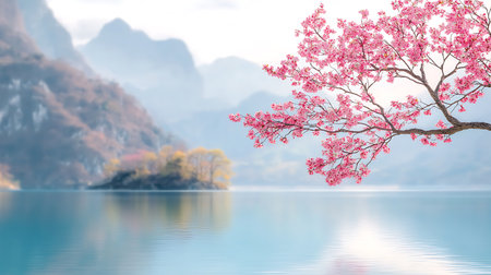 Cherry blossom sakura flower on the lake and mountain backgroundの写真素材