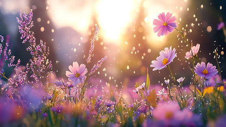 Beautiful floral background with flowers in meadow on sunset
