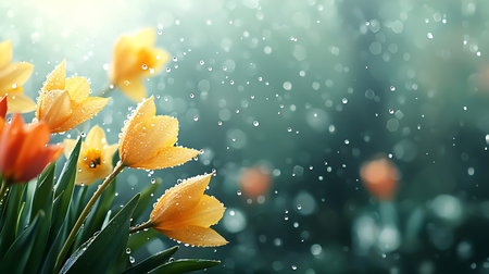 Beautiful tulip flowers with water drops on bokeh background