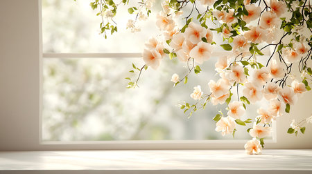 Blossoming branch of white flowers on the windowsill. 3d renderingの写真素材