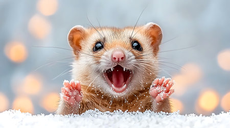 Cute funny hamster in snow on blurred background, closeupの写真素材