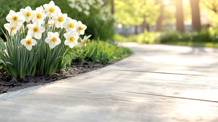 Beautiful narcissus flowers growing in garden on sunny day. Space for textの写真素材