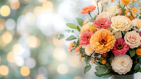 Bouquet of flowers in vase on bokeh backgroundの写真素材