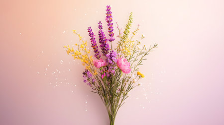 Flower bouquet with lavender and chamomile on pink background