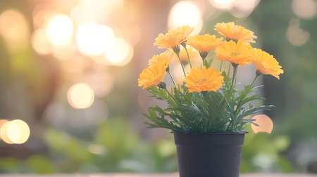 Yellow flowers in pot on wooden table with bokeh background.の写真素材